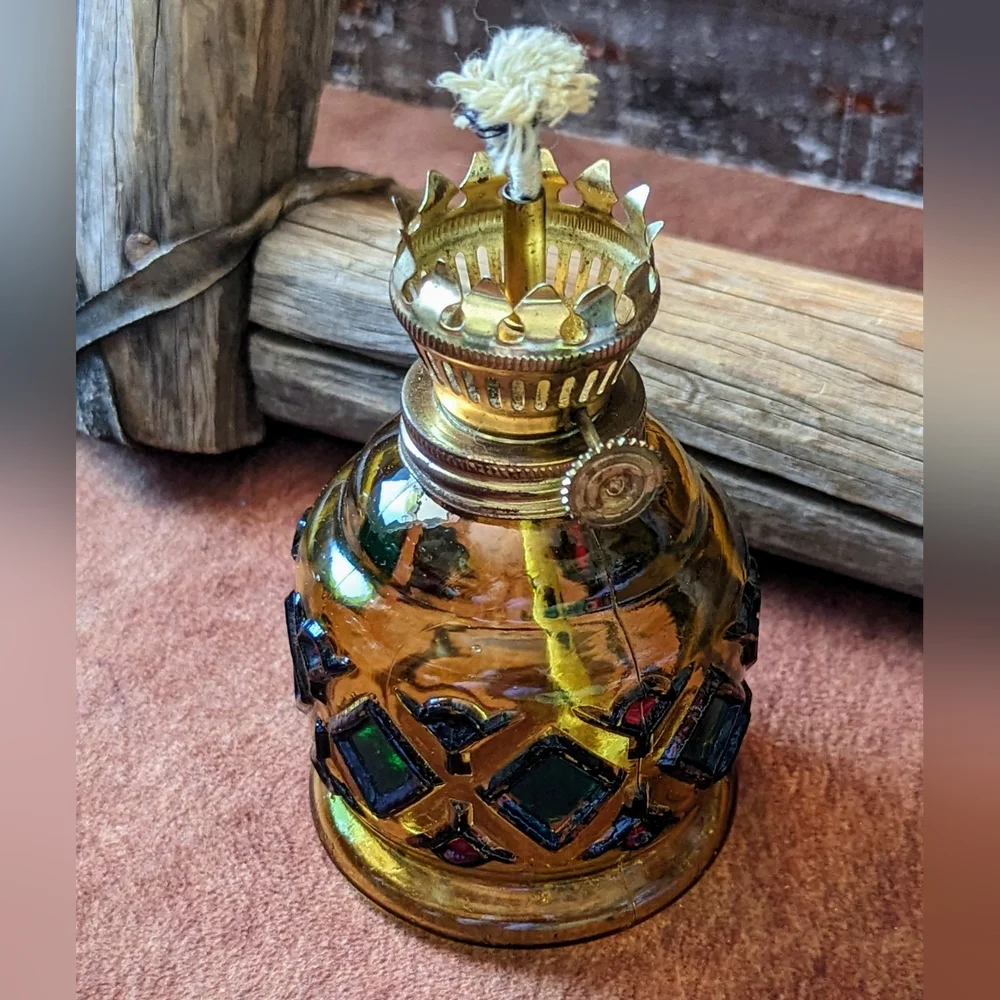 Vintage Amber Hand Painted Diamond Pattern Oil Lamp Base